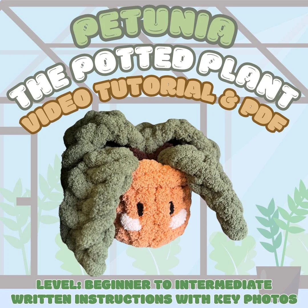 Petunia the Potted Plant Plushie, Chunky Hand Knitting Pattern PDF file, video tutorial, stuffie, intermediate, jumbo chenille yarn, diy