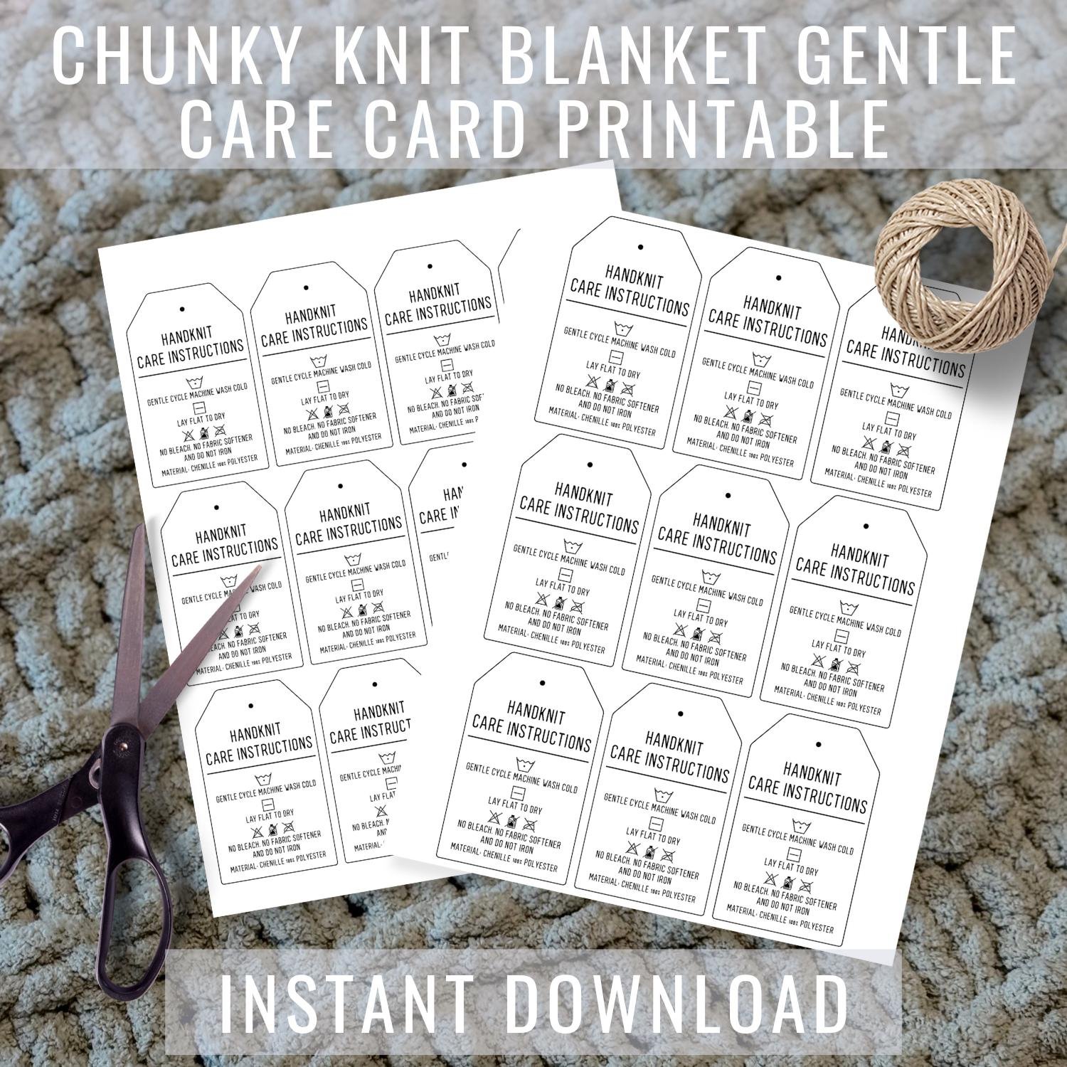 Chunky Knit Blanket Gentle Care Card Printable, Wash Instructions Tag Digital Download, Chenille Polyester Care Tags, PNG Files