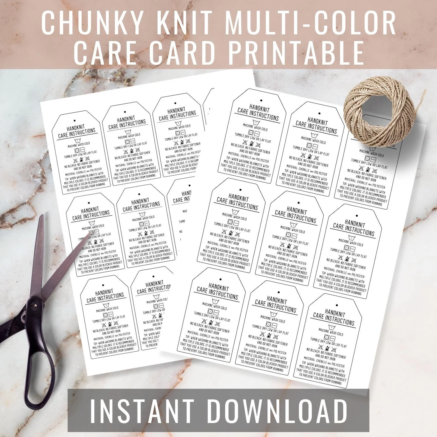 Chunky Knit Blanket Multi-Color Care Card Printable, Hand Knit Wash Instructions Tag Digital Download, Chenille Care Tags, PNG Files