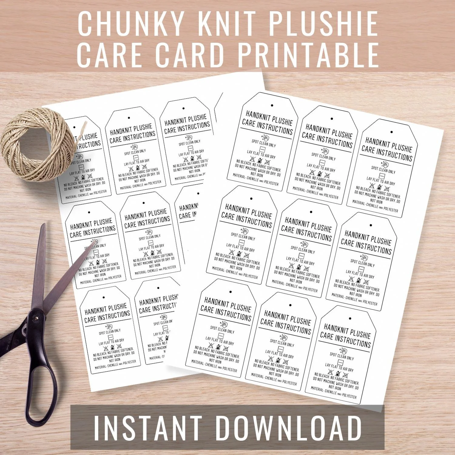 Chunky Knit Plushie Care Card Printable, Hand Knit Stuffie Wash Instructions Tag Digital Download, Chenille Polyester Care Tags, PNG