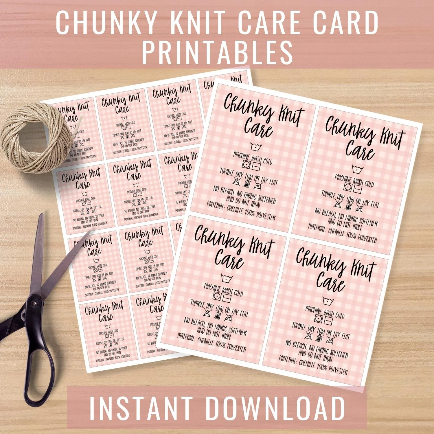 Chunky Knit Blanket Care Card Printable, Wash Instructions Tag Digital Download, Chenille Polyester Tags, PNG Files