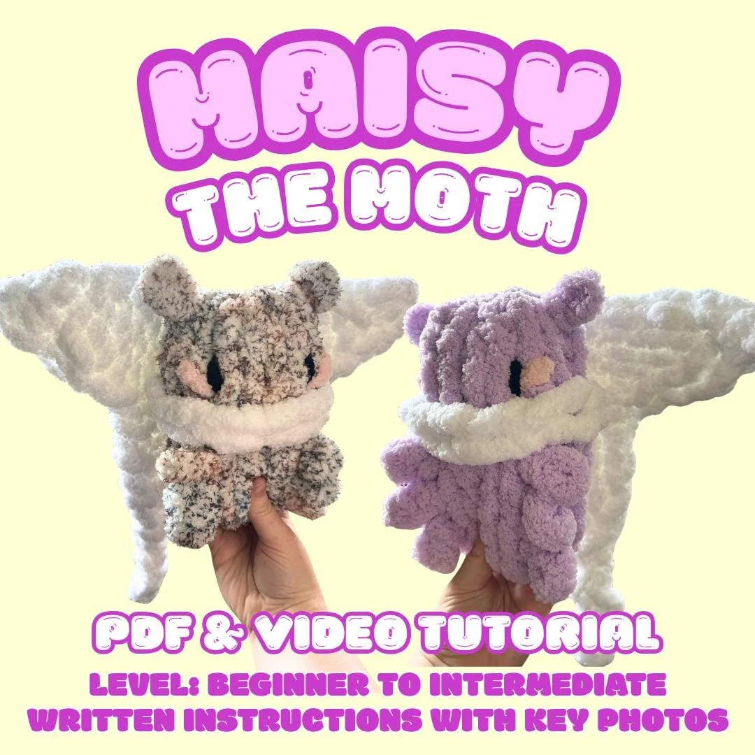 Maisy the Moth Plushie, Chunky Hand Knitting Pattern PDF file, video tutorial, stuffie, intermediate, jumbo chenille yarn, luna moth diy