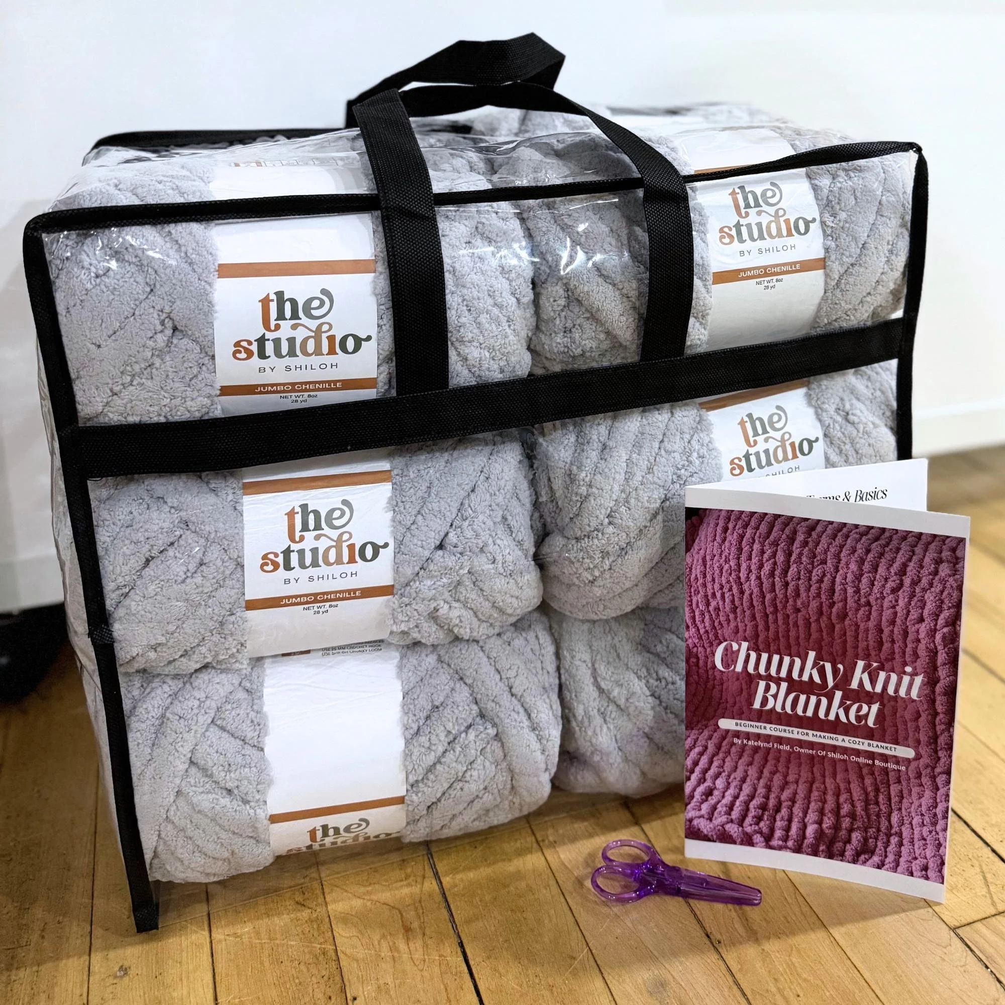 Chunky Knit Blanket Kit DIY – Beginner Hand Knitting Throw Blanket Kit with Chenille Yarn, Video Tutorial & Printed Guide