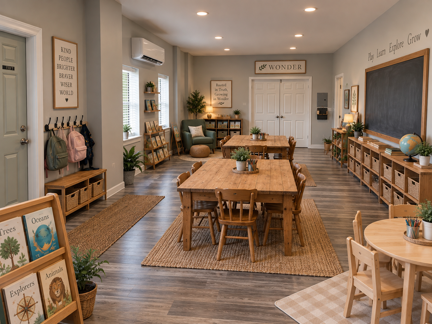 Warm, inviting WONDER classroom with long tables, books, natural materials, and space for hands-on learning.