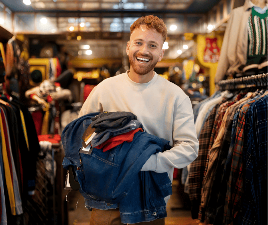 A smiling man holding a stack of clothes in a thrift store or vintage shop, with racks of clothing around him.