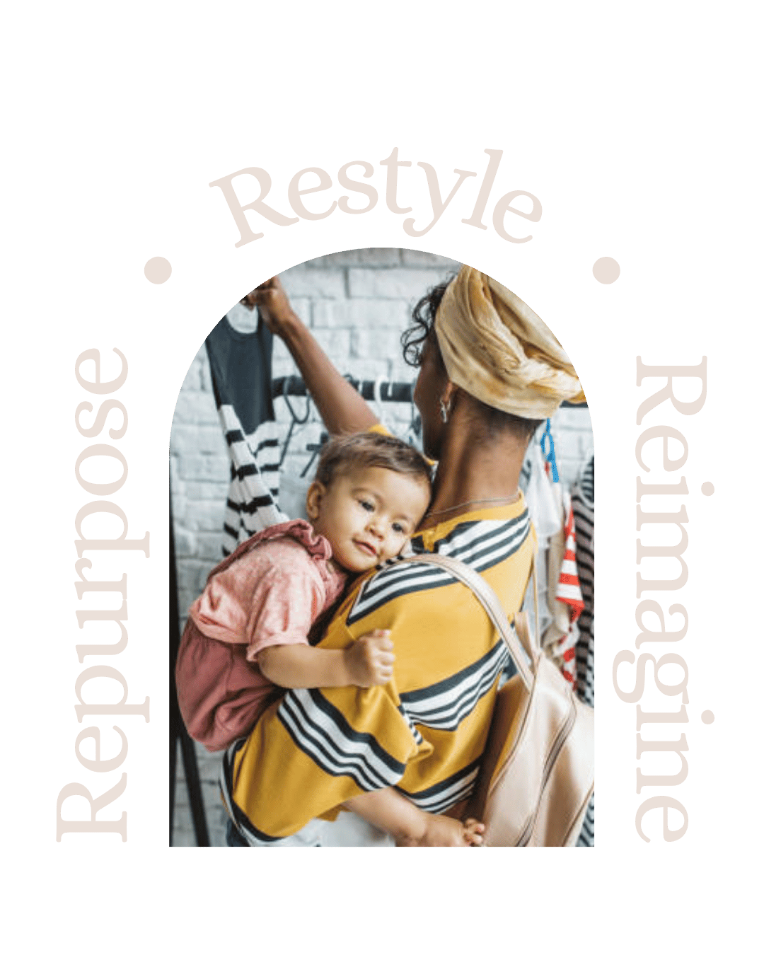 A woman with a beige headscarf carrying a young boy in a pink shirt, resting his head on her shoulder, at a clothing store with a brick wall in the background.