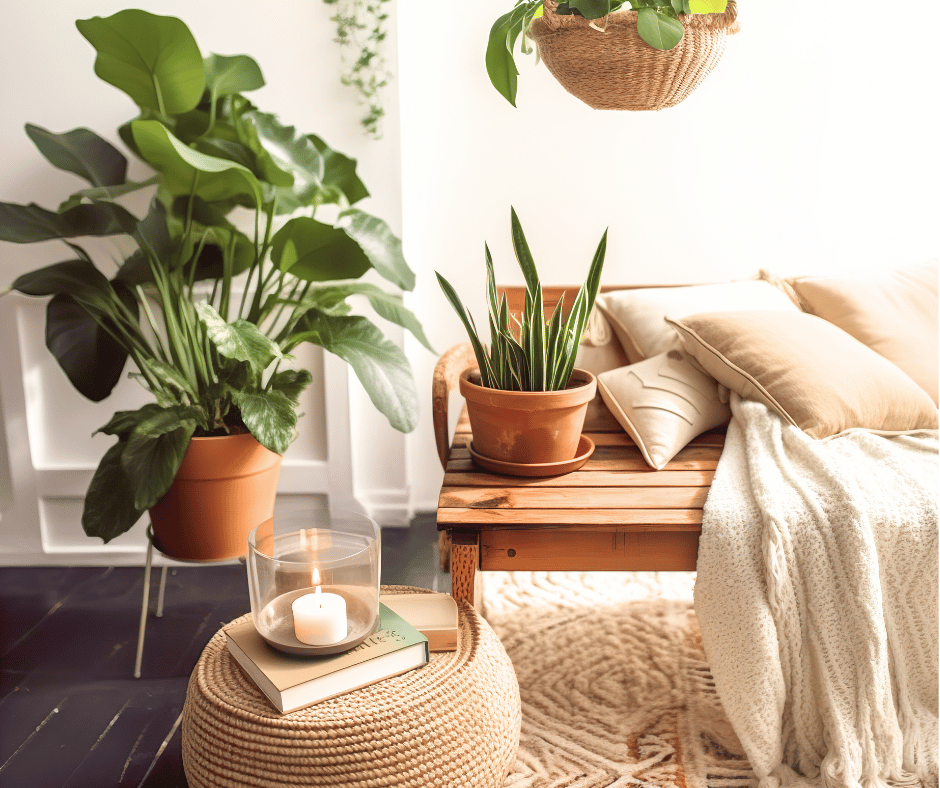 Interior living space with green houseplants on shelves and a wooden bed with beige pillows and a blanket.