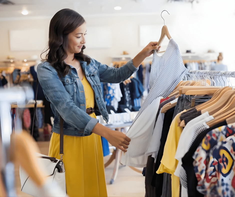 Woman shopping for clothes in a store, holding a striped top and browsing through a rack of various shirts.