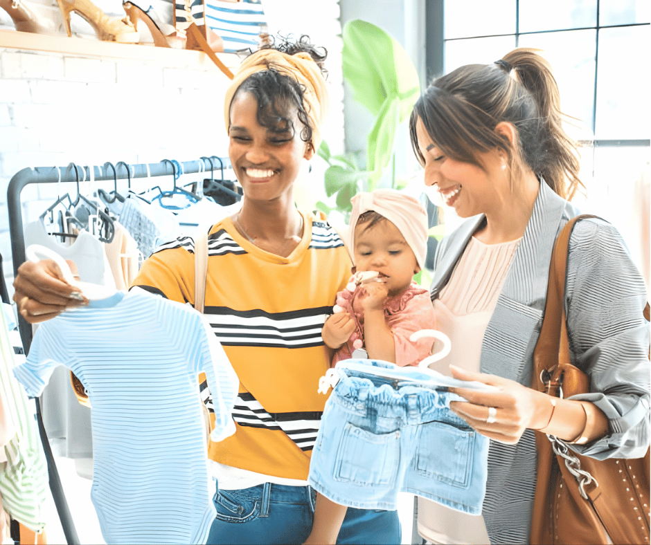 Two women with a baby shopping for children's clothes in a store. One woman is holding a striped shirt, and the other woman is holding a pair of denim shorts. They are smiling and enjoying their shopping experience.
