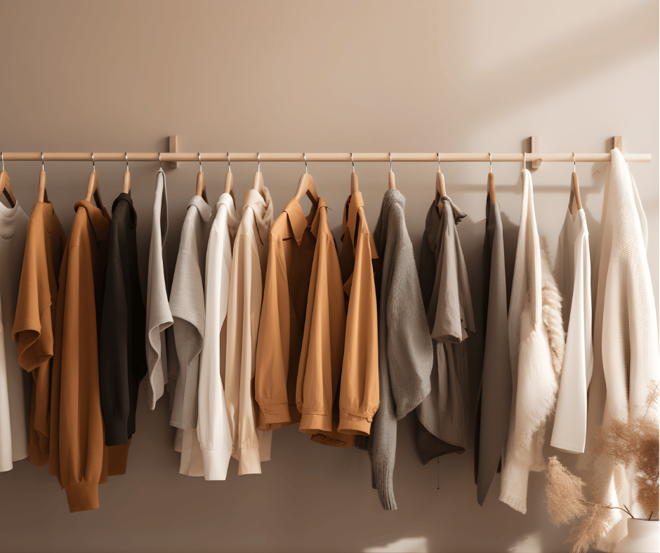 A clothing rack with various shirts and jackets in neutral tones hung on wooden hangers.