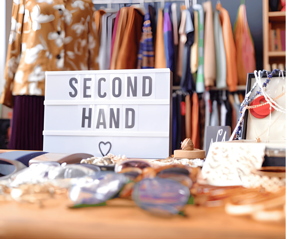 A secondhand clothing and accessories sale with a sign reading 'SECOND HAND' in the foreground, and racks of clothes and various items displayed on tables in the background.