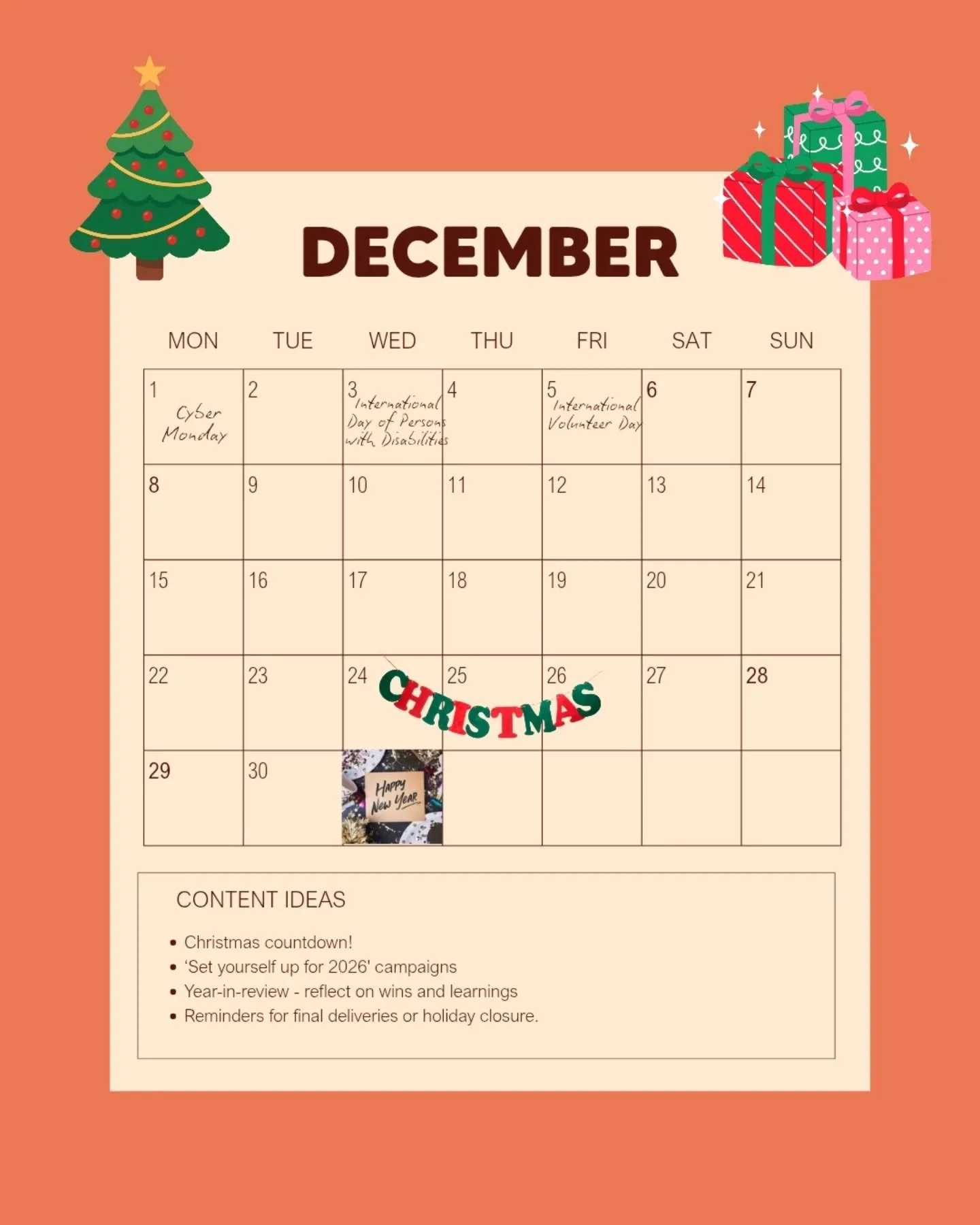 I can't believe we're in December already!

Here's some simple, feel-good content ideas that spark connection, inspire purpose, and reminds your audience what your brand stands for. 🧡

And, good luck out there this month my friends, oowweeeee it's a
