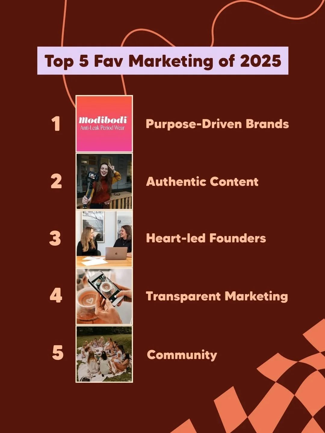 Happy Spotify Wrapped Day ✨

Here's my favourite marketing trends of 2025 - the type of marketing that's all about values, connection, and  purpose-driven growth.

Hopefully in 2026 we'll see less hustle culture, 3 step blueprints, marketing "gu
