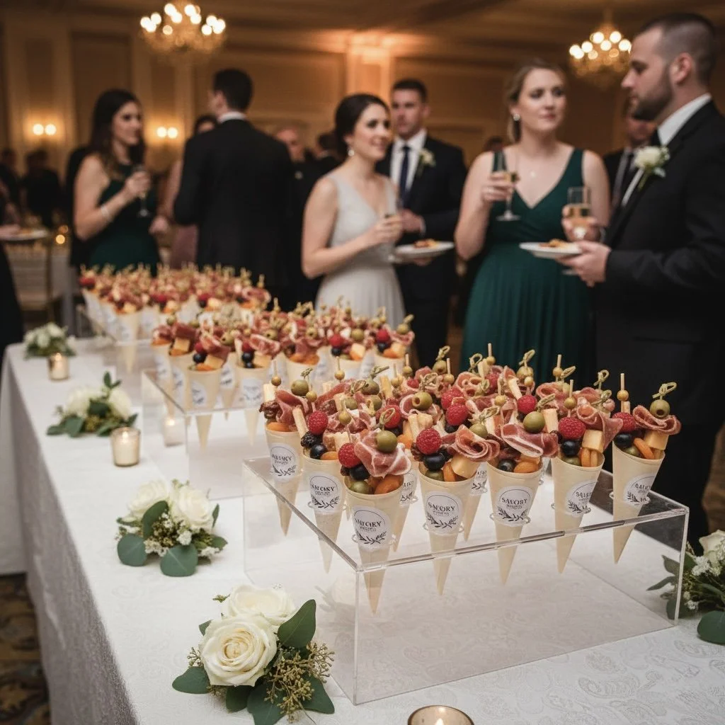 Wedding charcuterie catering in St. Louis, display of charcuterie cones.