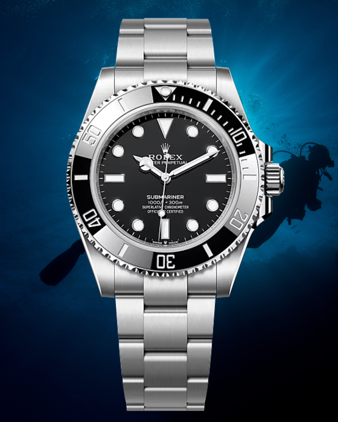 A Rolex Submariner watch with a black dial and silver bezel, set against an underwater diver background
