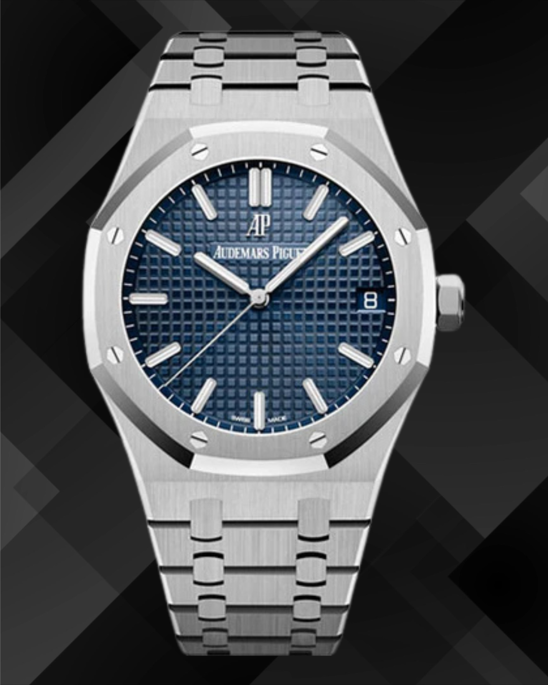 A luxury wristwatch with a blue textured dial, silver hands, and hour markers, a date window at 3 o'clock, and a stainless steel bracelet with a brushed finish.