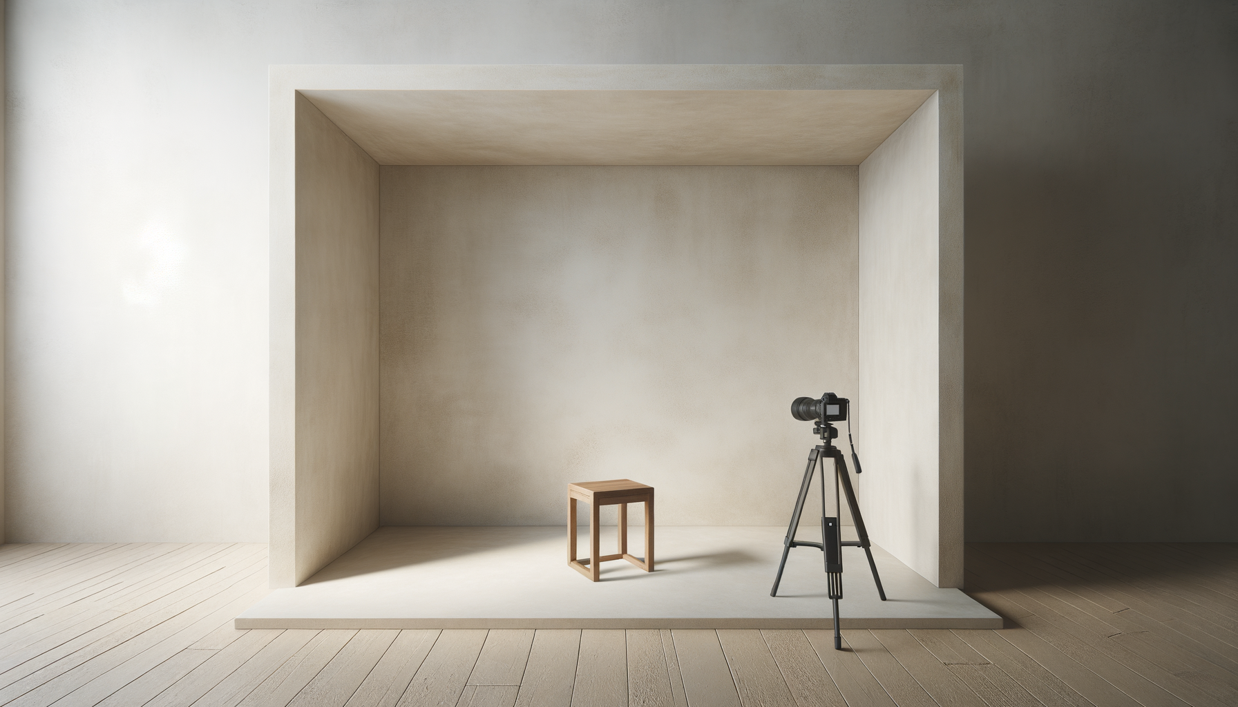 Empty photo studio with a wooden stool and a camera on tripod.