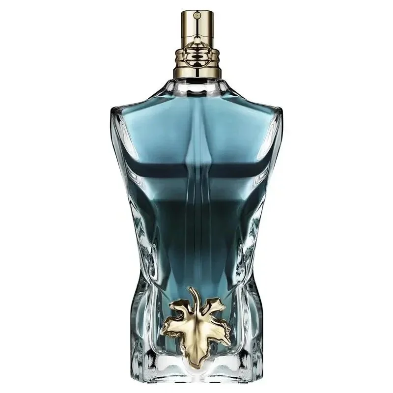 A perfume bottle designed in the shape of a male torso, with a gold-colored decorative element at the bottom and a spray nozzle at the top.