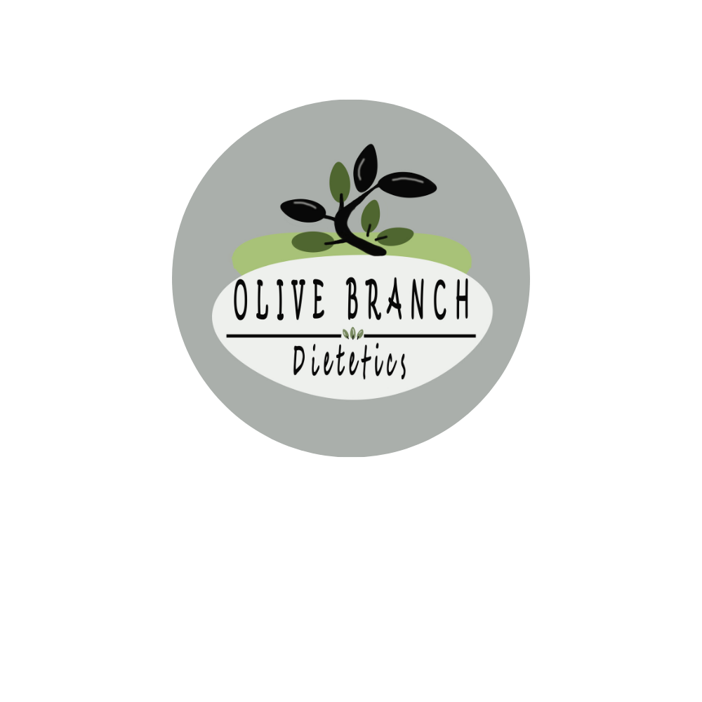 Logo of Olive Branch Dietetics with a black olive branch illustration on a gray background.