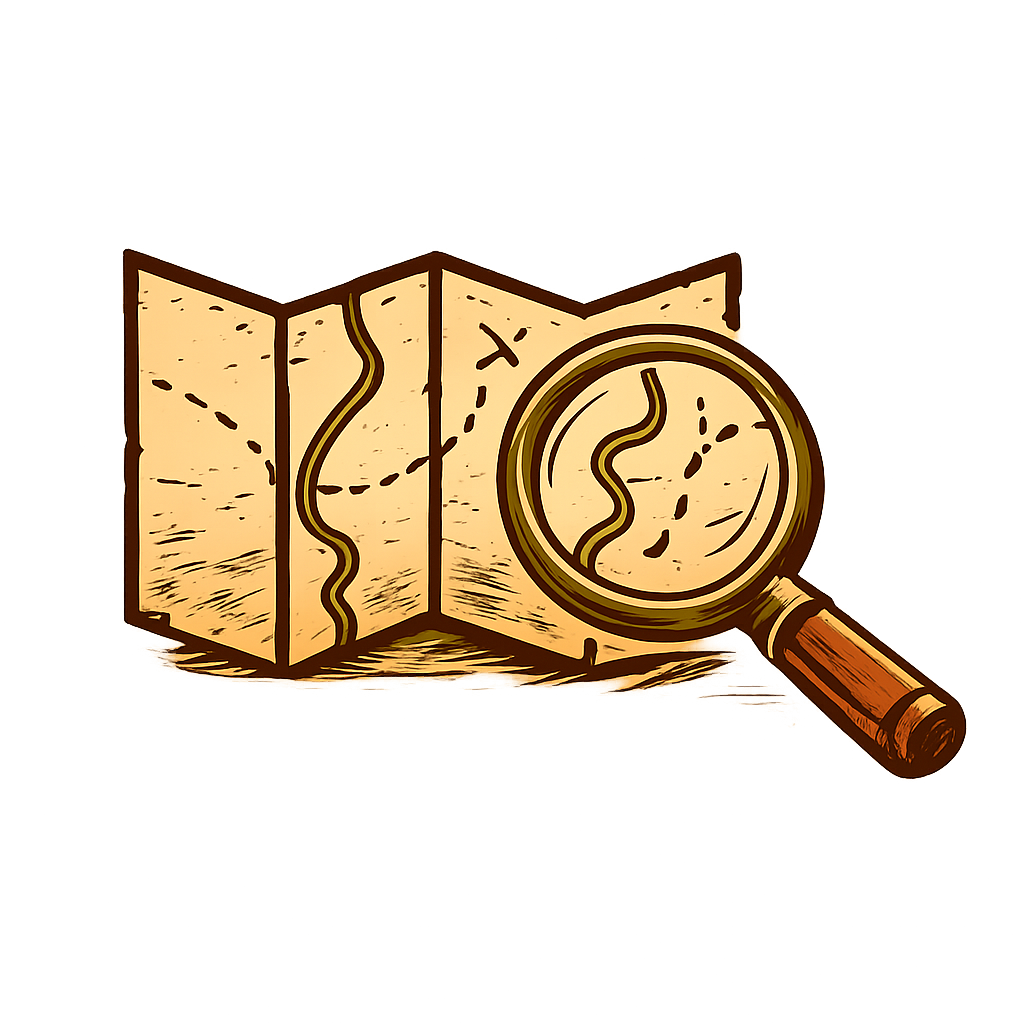 A cartoon-style map with a magnifying glass overlay, emphasizing a winding path or river.