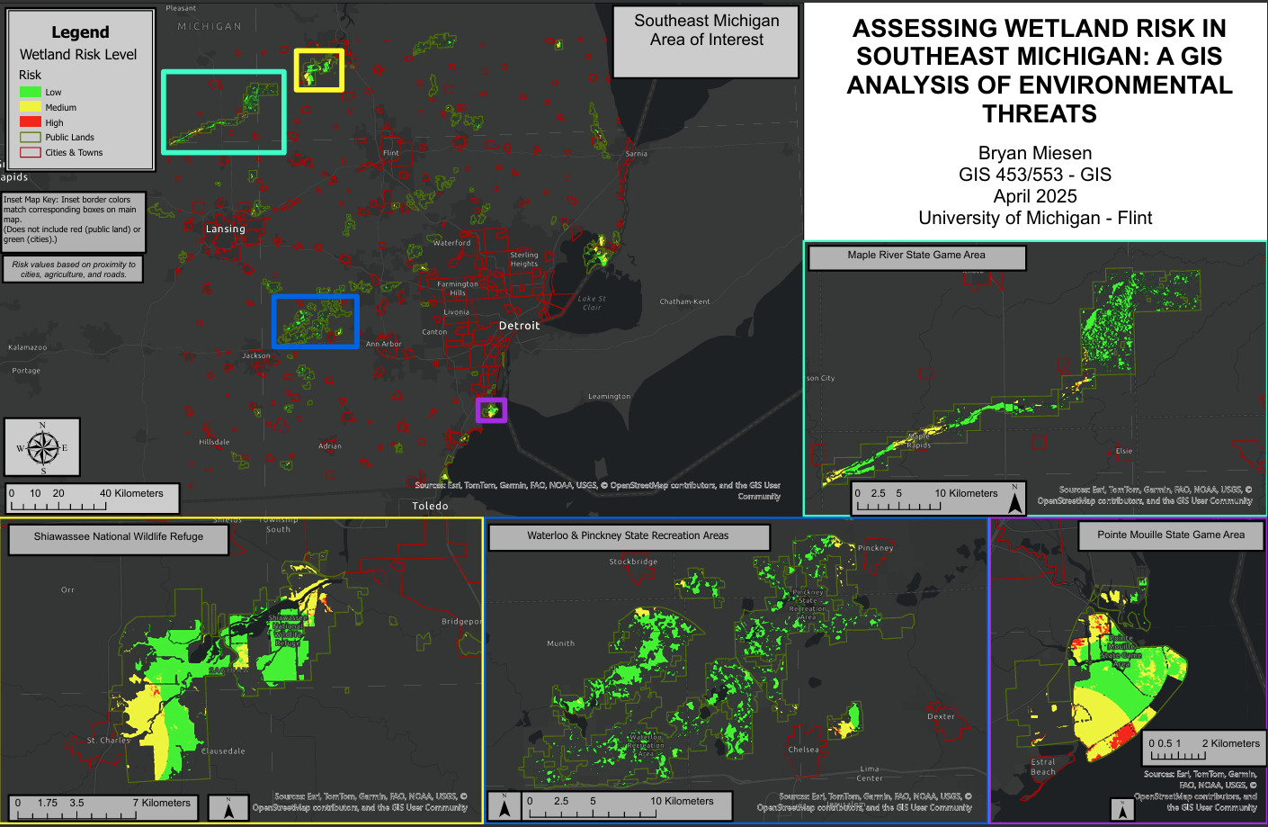 GIS-based wetland risk assessment map used for wildlife habitat evaluation and land management planning in Michigan.