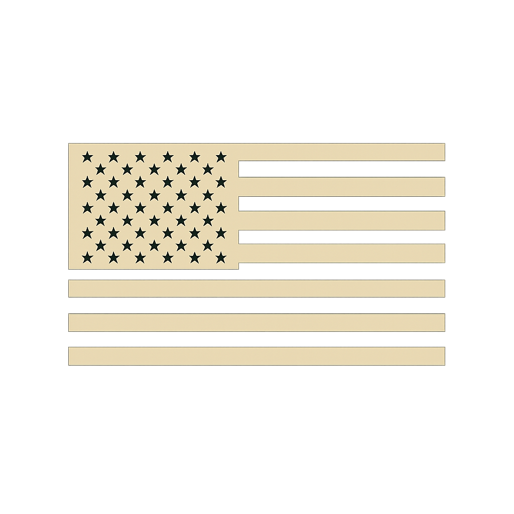 An American flag with black stars and stripes on a digital screen, displayed against a dark background with purple and blue light beams.