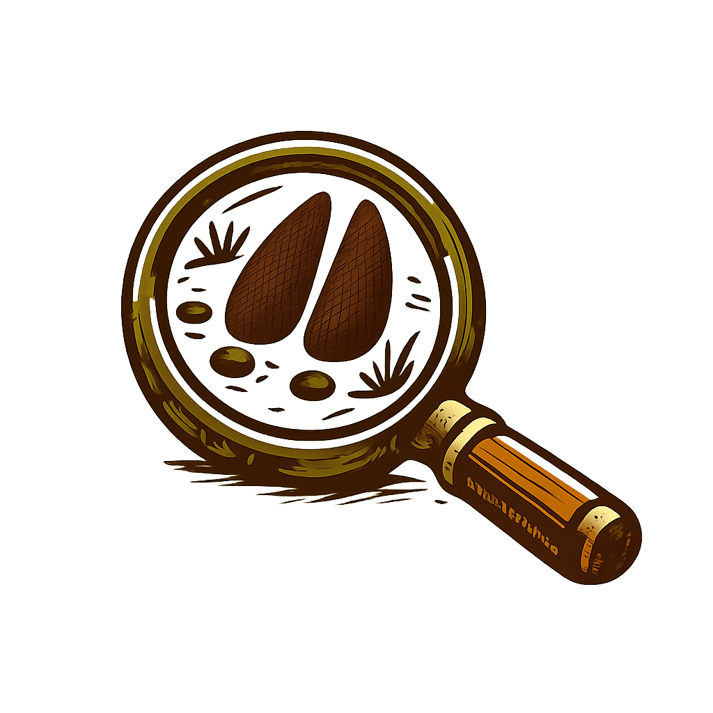 Close-up illustration of a magnifying glass focusing on deer tracks.