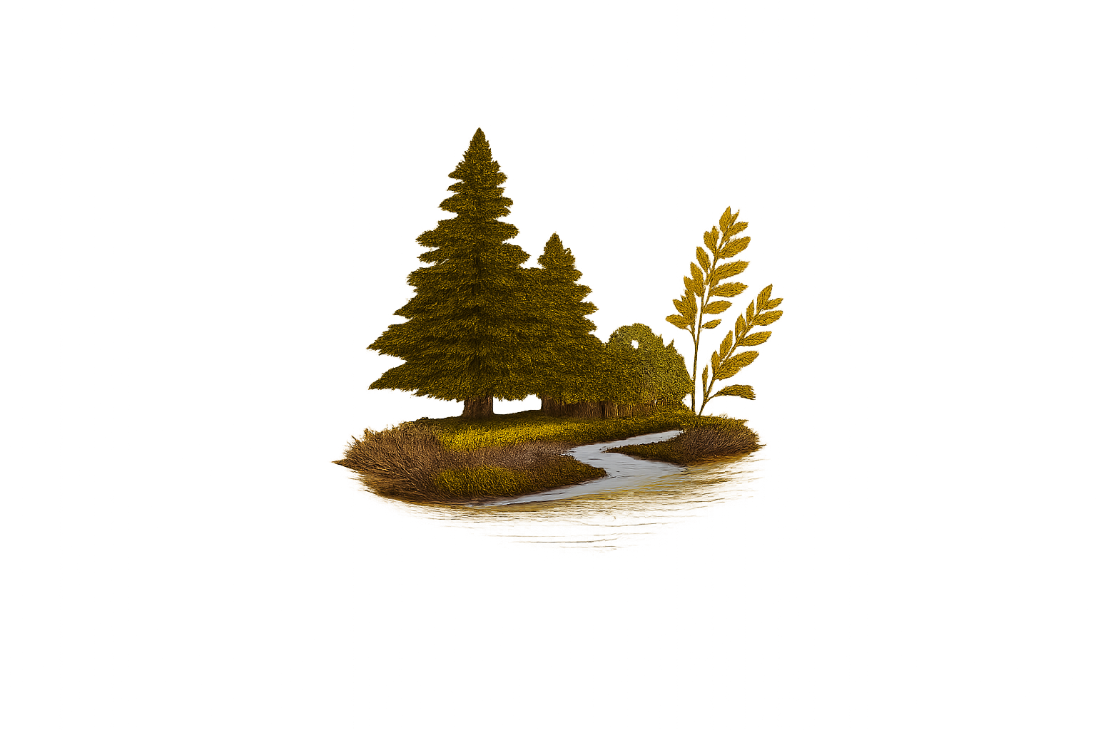 Illustration of a nature scene with pine trees, a small stream, and a grassy area, set against a golden background.