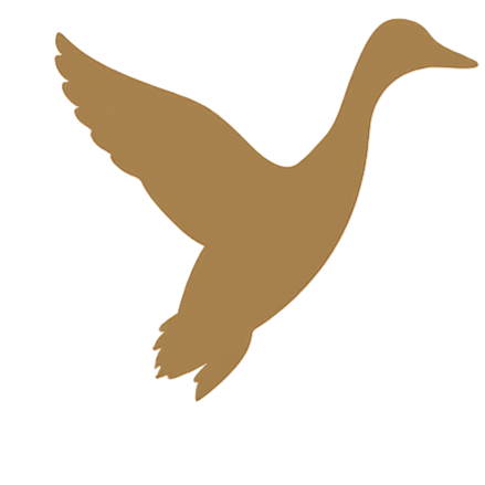 Silhouette of a flying goose in brown color with outstretched wings.