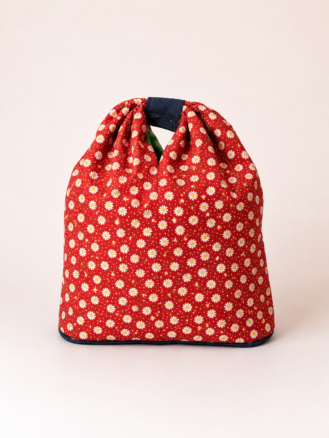 Red Daisy Print with Demin Handle Hobo bag