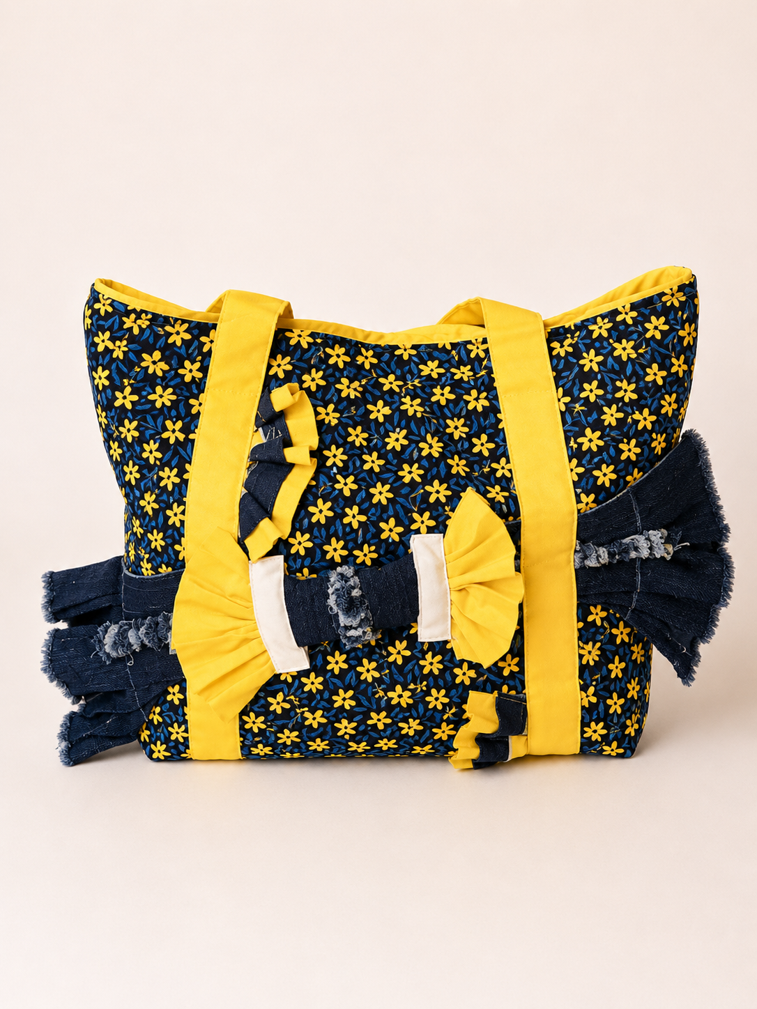 Denim Tote Bag with Unique Bow Flower Accents