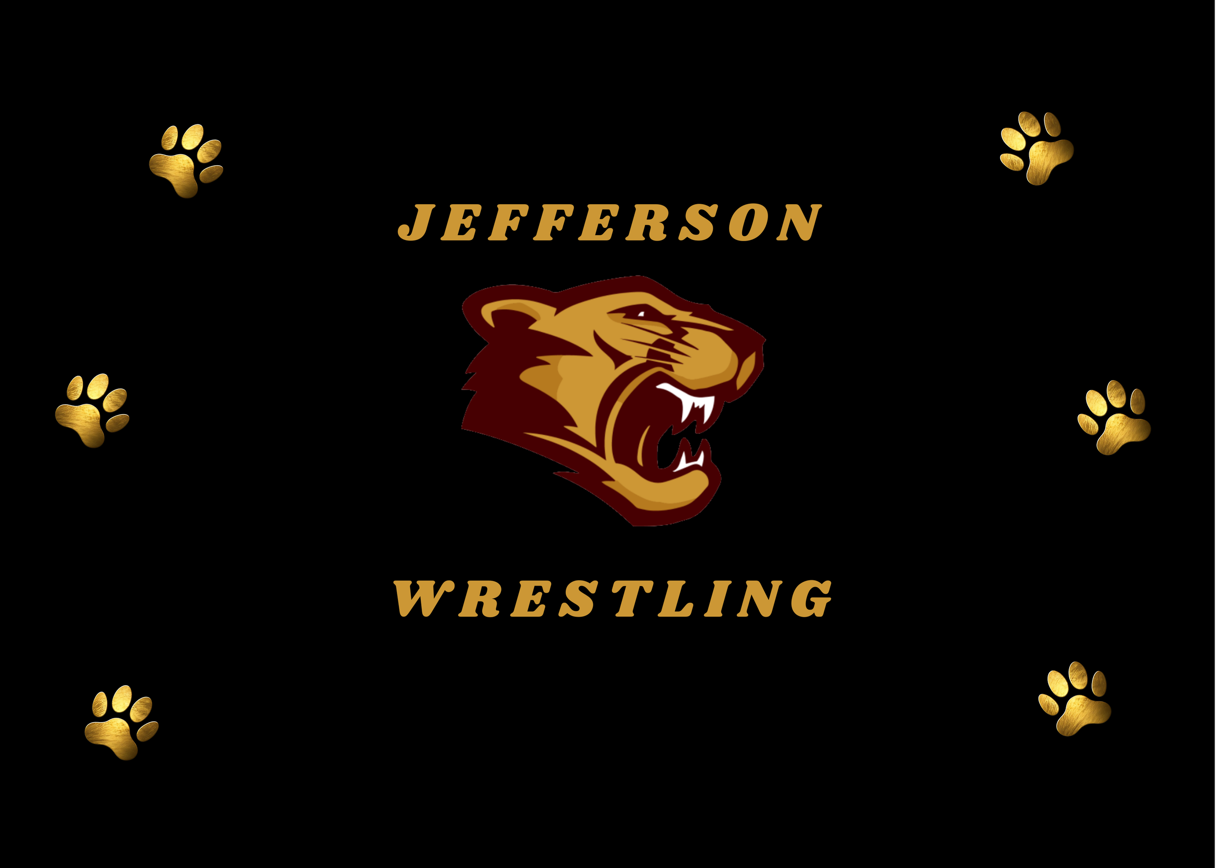 Black background with gold paw prints, the words "Jefferson Wrestling" in gold and a fierce animal logo in the center.