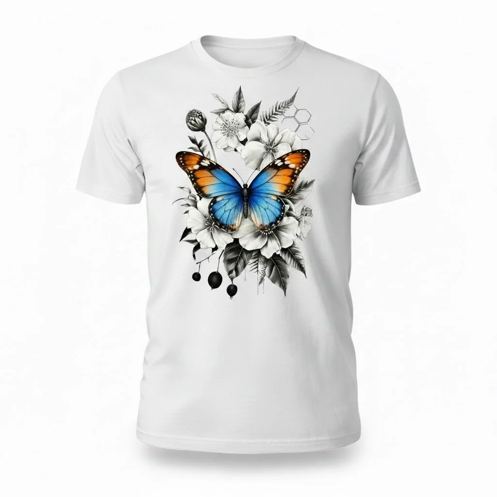 Black & White Flowers T-Shirt with Colorful Butterfly