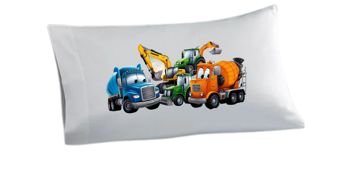 Children's pillow with cartoon construction vehicles including a blue dump truck, yellow excavator, green tractor, and orange cement mixer.