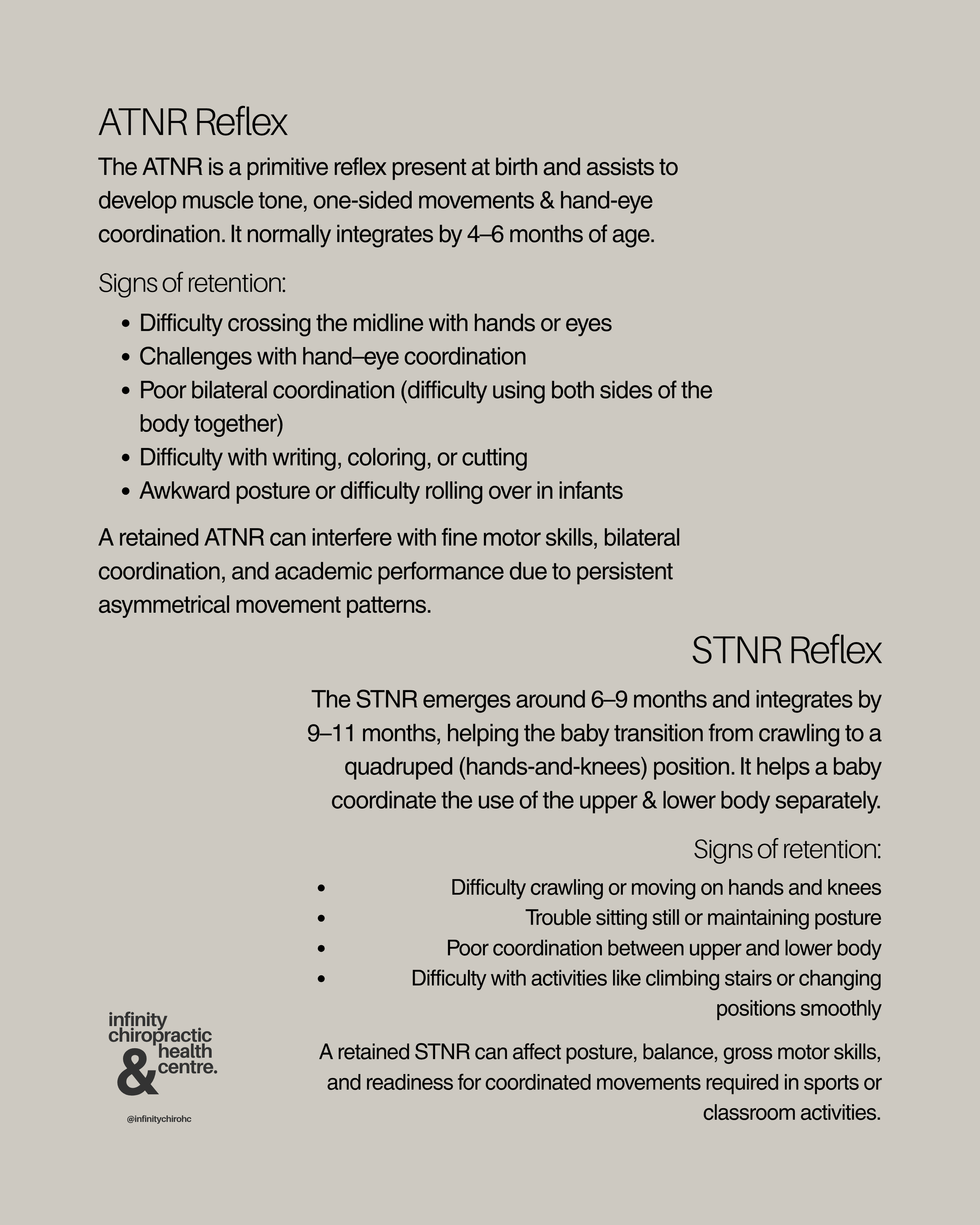Poster explaining primitive reflexes in infants, including ATNR and STNR reflexes, with descriptions and signs of retention.