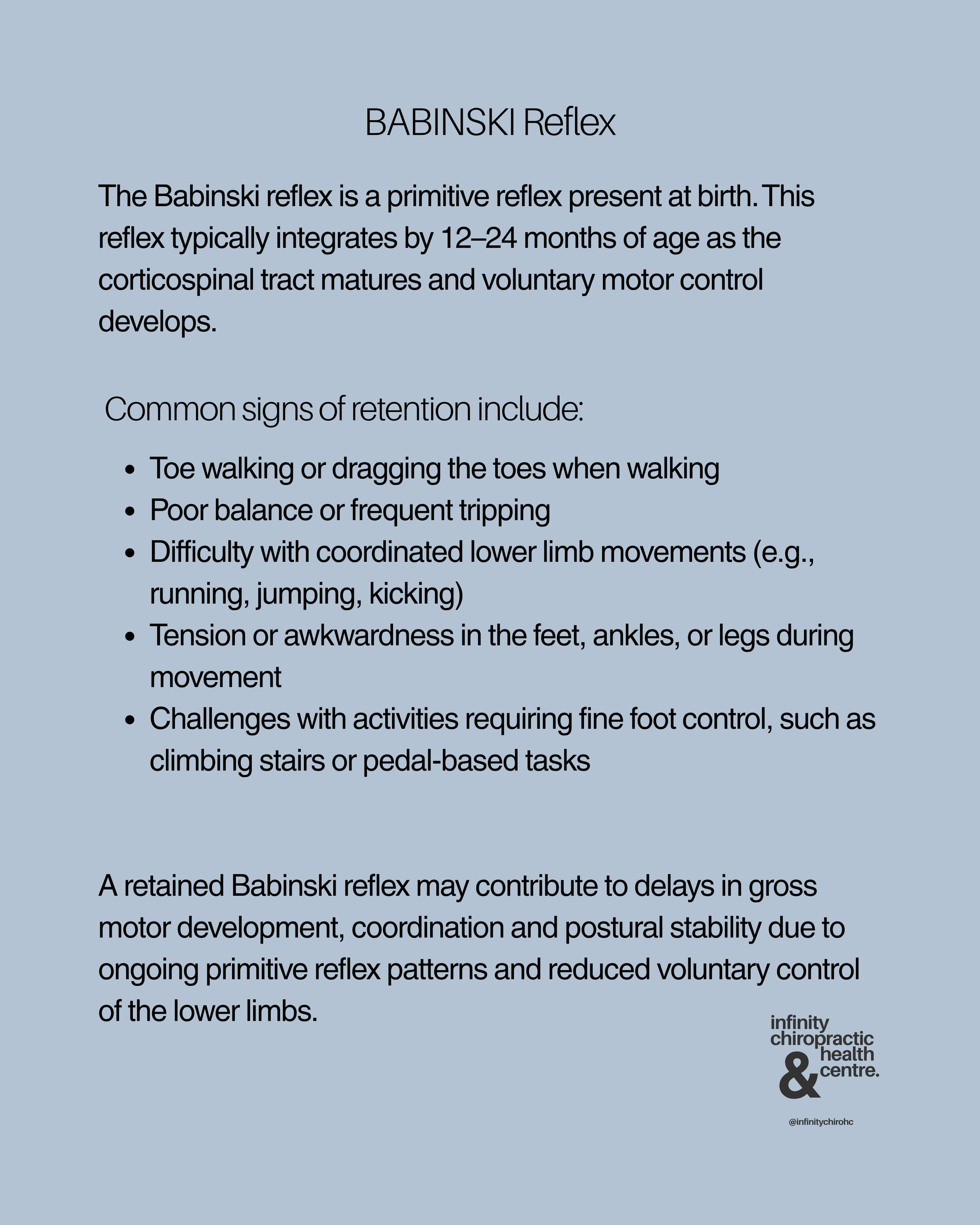 Information sheet about Babinski reflex, its signs of retention, and potential impact on development, from Infinity Chiropractic & Health Centre.