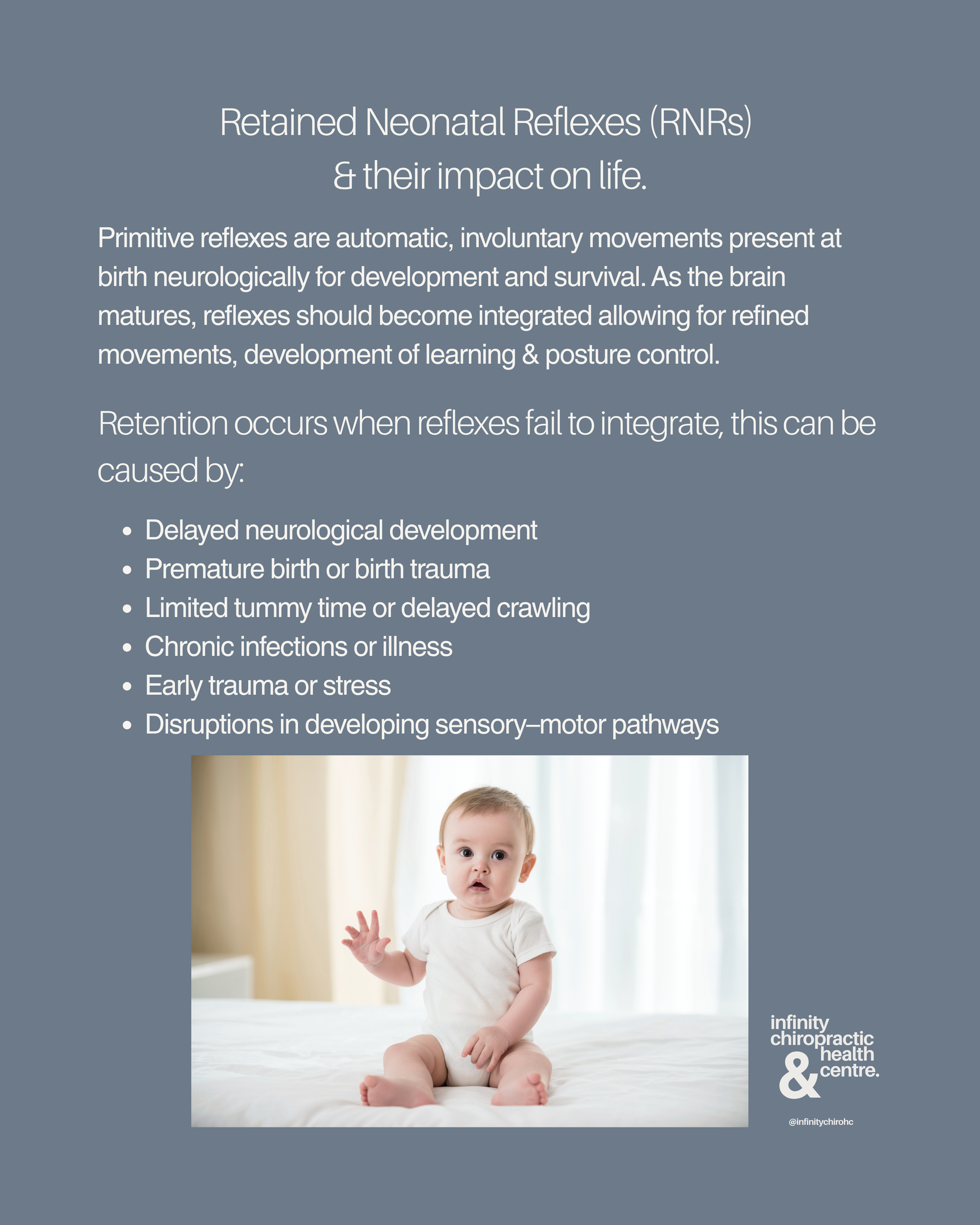 Poster explaining retained neonatal reflexes with an image of a baby sitting on a bed.