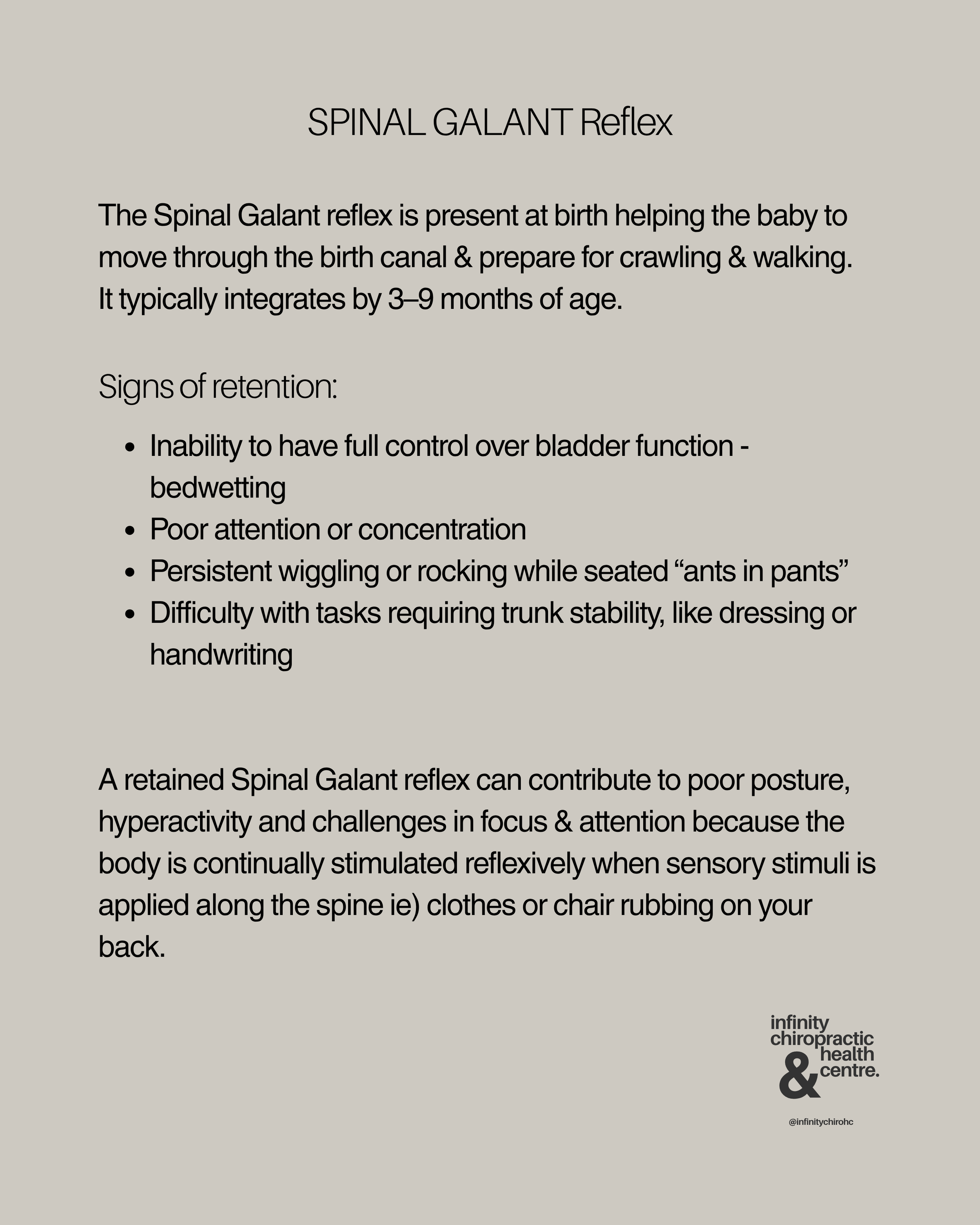 Informational poster about the Spinal Galant reflex, its purpose, signs of retention, and possible consequences of retained reflexes, with logo and social media handle of Infinity Chiropractic & Health Centre.