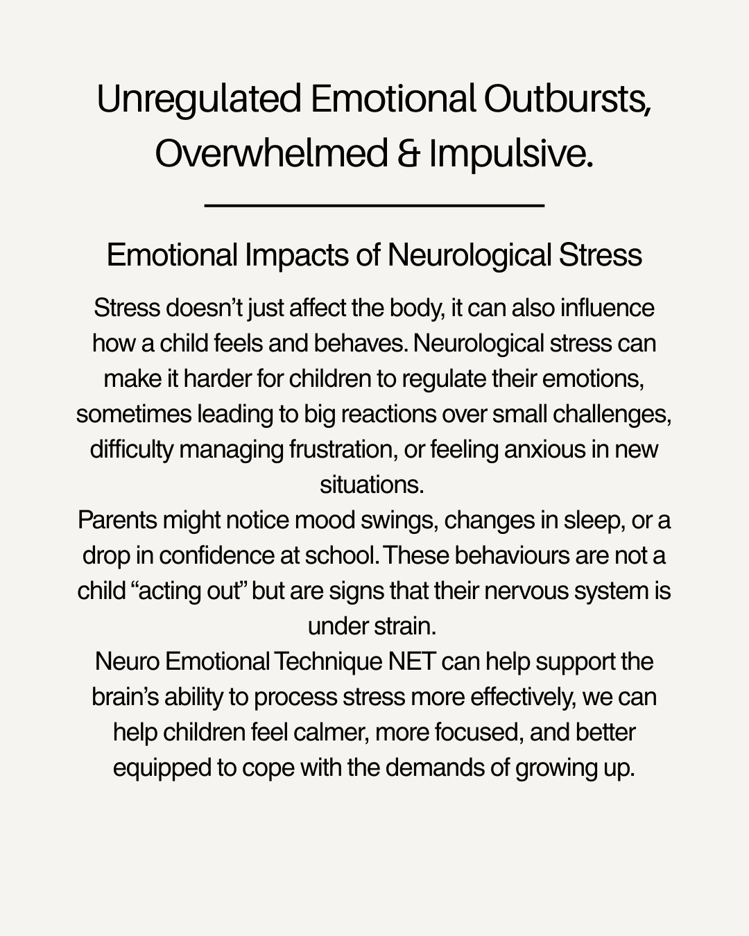 Text listing the emotional impacts of neurological stress on children and how Neuro Emotional Technique (NET) can help.