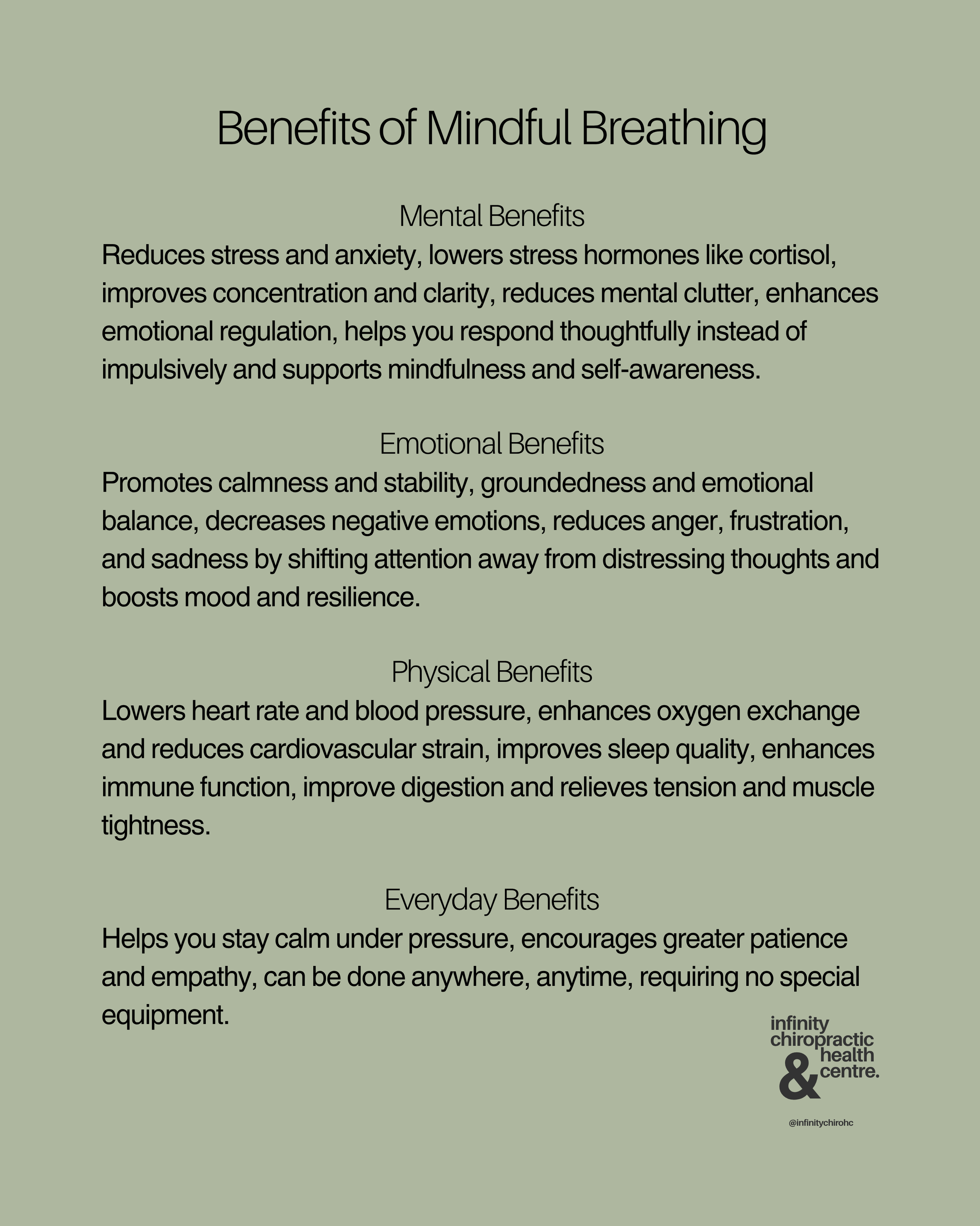 A poster titled 'Benefits of Mindful Breathing' listing mental, emotional, physical, and everyday benefits of mindfulness, with the logo of 'infinity chiropractic health centre' at the bottom right.