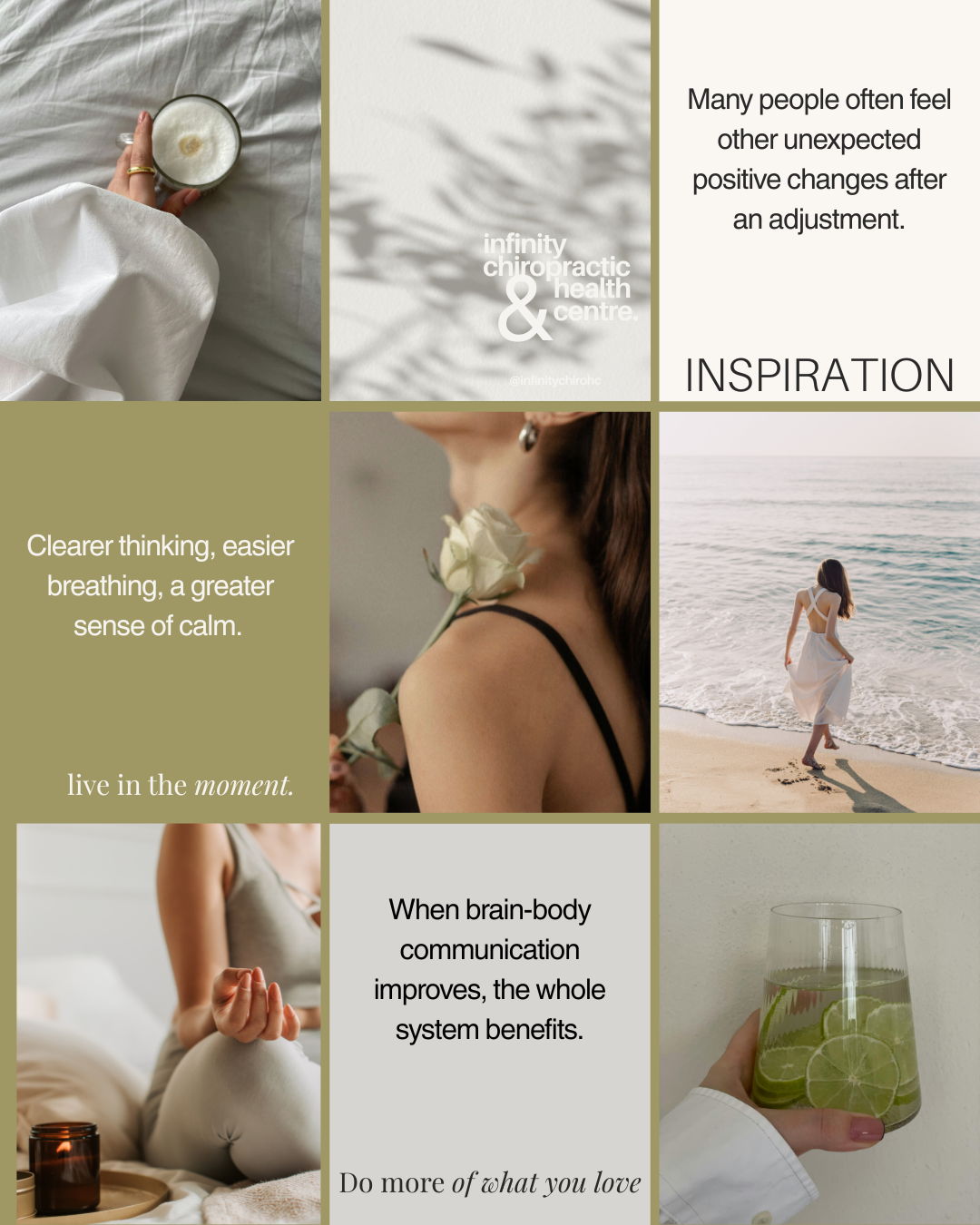 A collage of six images with positive messages about health, calmness, and living in the moment. The images include a hand holding a glass of a beverage, a shadow of leaves on a wall, a woman at the beach, a person practicing yoga, a woman holding a rose, and a hand holding a glass of lime water.