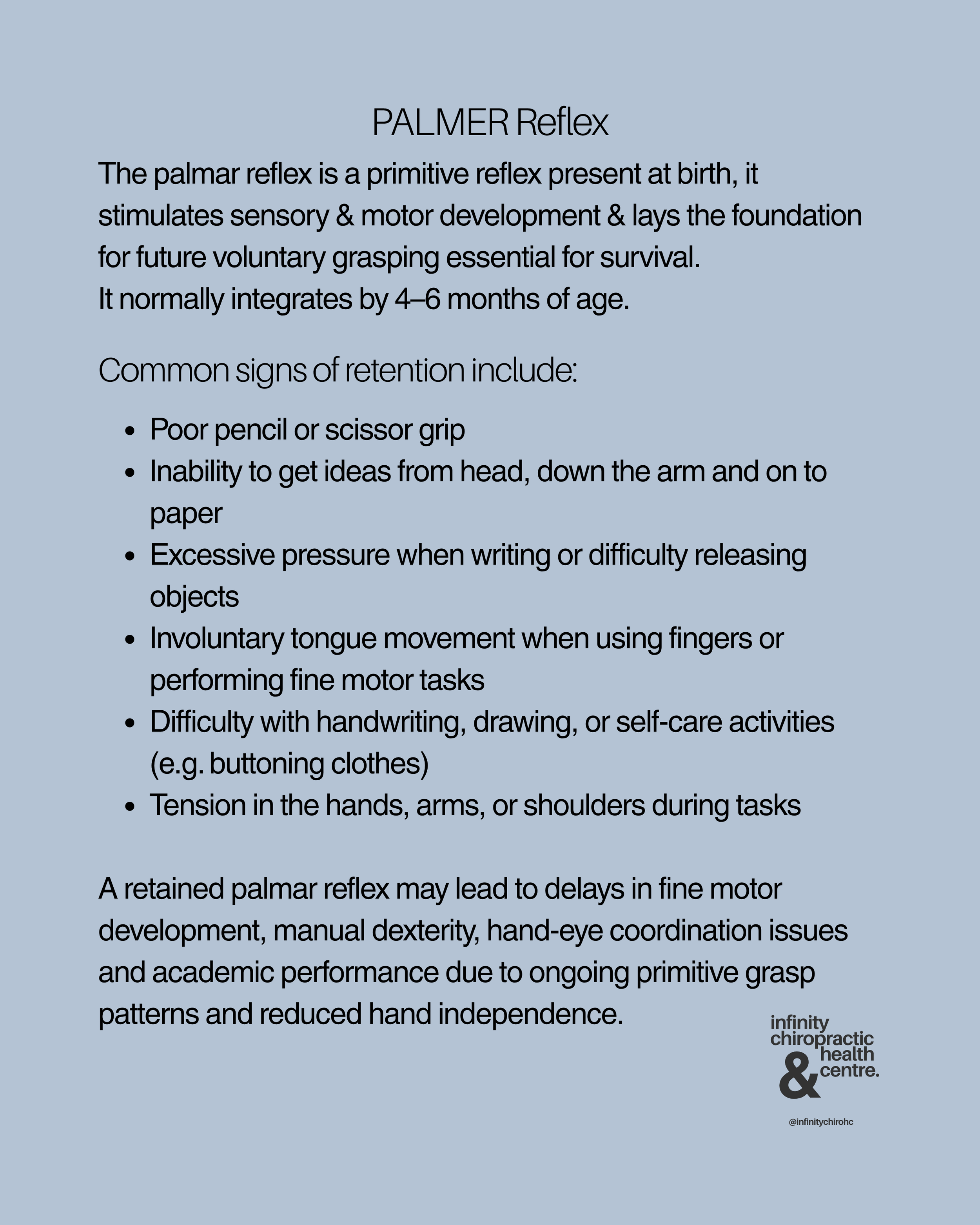 Informational graphic about Palmar Reflex from Infinity Chiropractic and Health Centre explaining its significance, signs of retention, and potential developmental delays associated with retained palmar reflex.