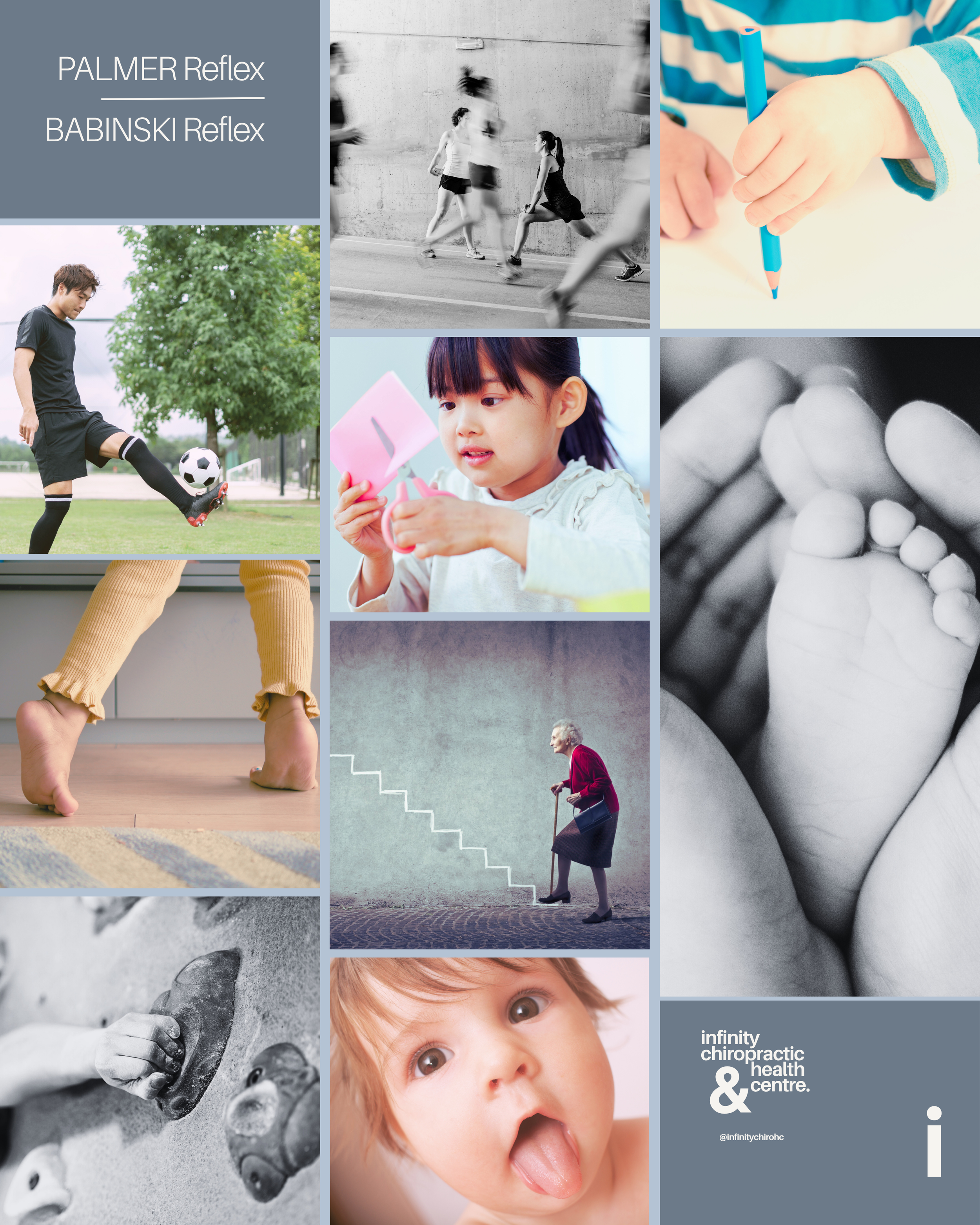 Collage of various activities and scenes including children playing sports, a young girl reading, a person climbing a wall, an elderly woman climbing stairs, a baby with tongue out, and promotional text for Infinity Chiropractic health centre.