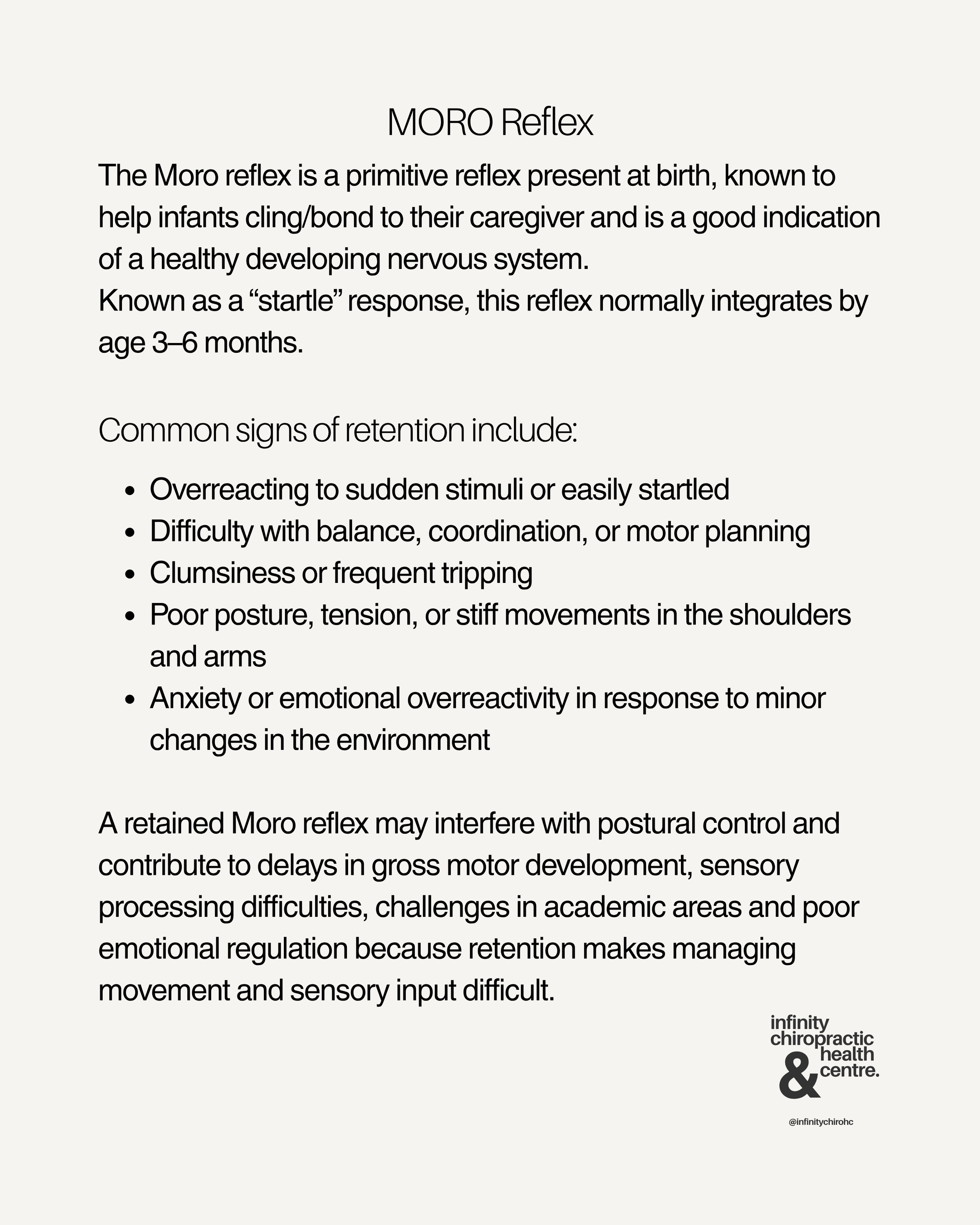 Informational poster titled "Moro Reflex" explaining that Moro reflex is a primitive reflex present at birth, helping infants bond with caregivers. It normally integrates by 3-6 months. The poster lists signs of retention including overreacting to st