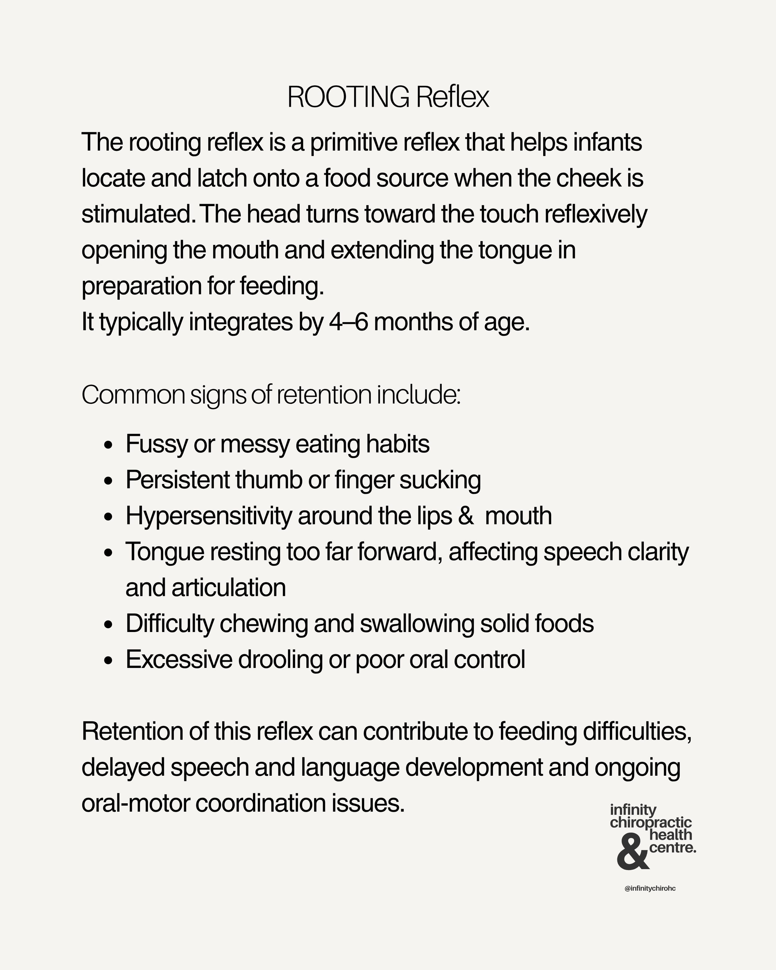 Informational infographic about rooting reflex in infants, explaining its purpose, signs of retention, and potential developmental issues, with logo of Infinity Chiropractic & Health Centre at the bottom.