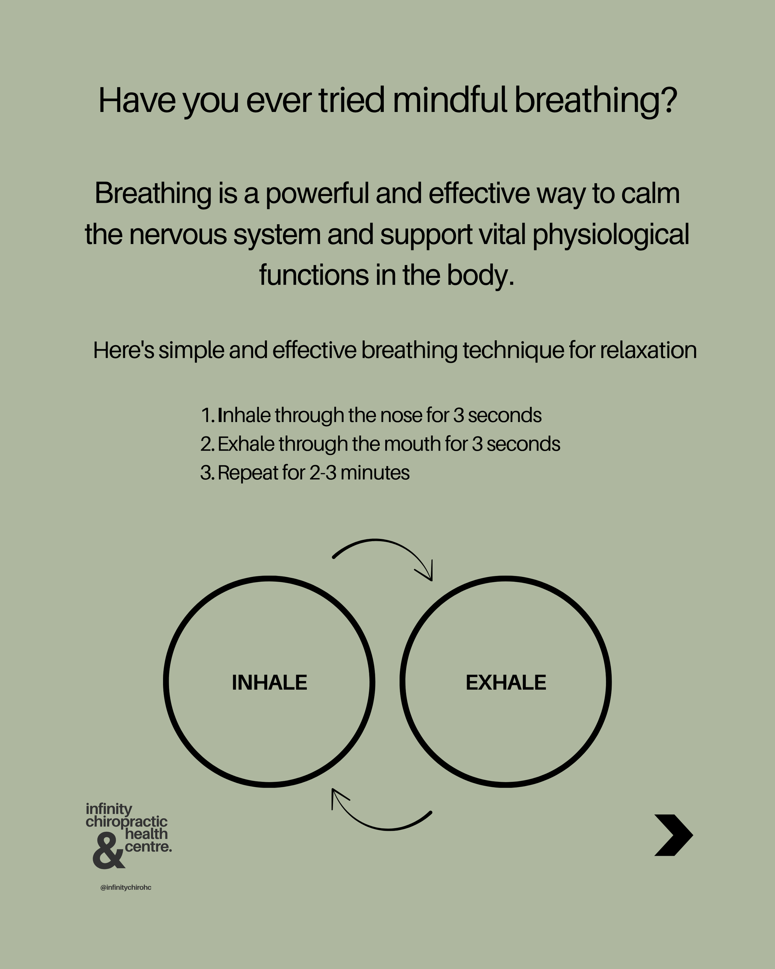 A health advice poster explaining a simple breathing technique for relaxation, with instructions to inhale through the nose for three seconds, exhale through the mouth for three seconds, and repeat for 2-3 minutes, including diagrams of inhale and exhale circles.