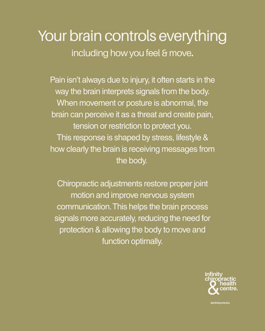 Informational poster from infinity chiropractic health center about brain control over body movements and pain, and how chiropractic adjustments can improve joint motion and nervous system function.