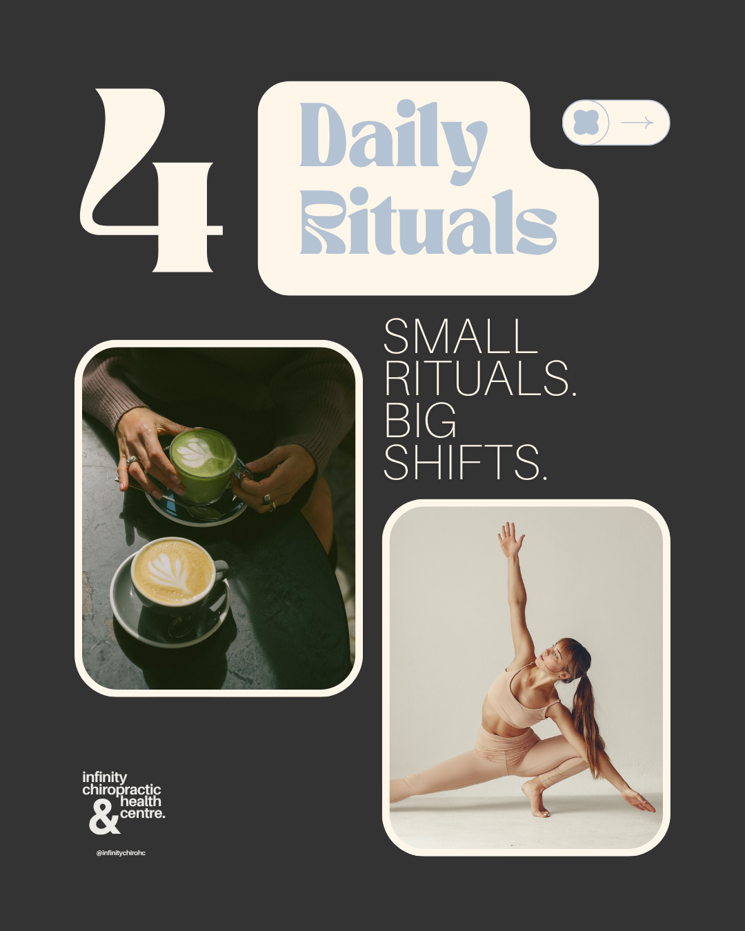 A promotional poster for daily health routines featuring small rituals like drinking coffee and practicing yoga, with two photos of a hand holding a cup of coffee and a woman doing yoga.