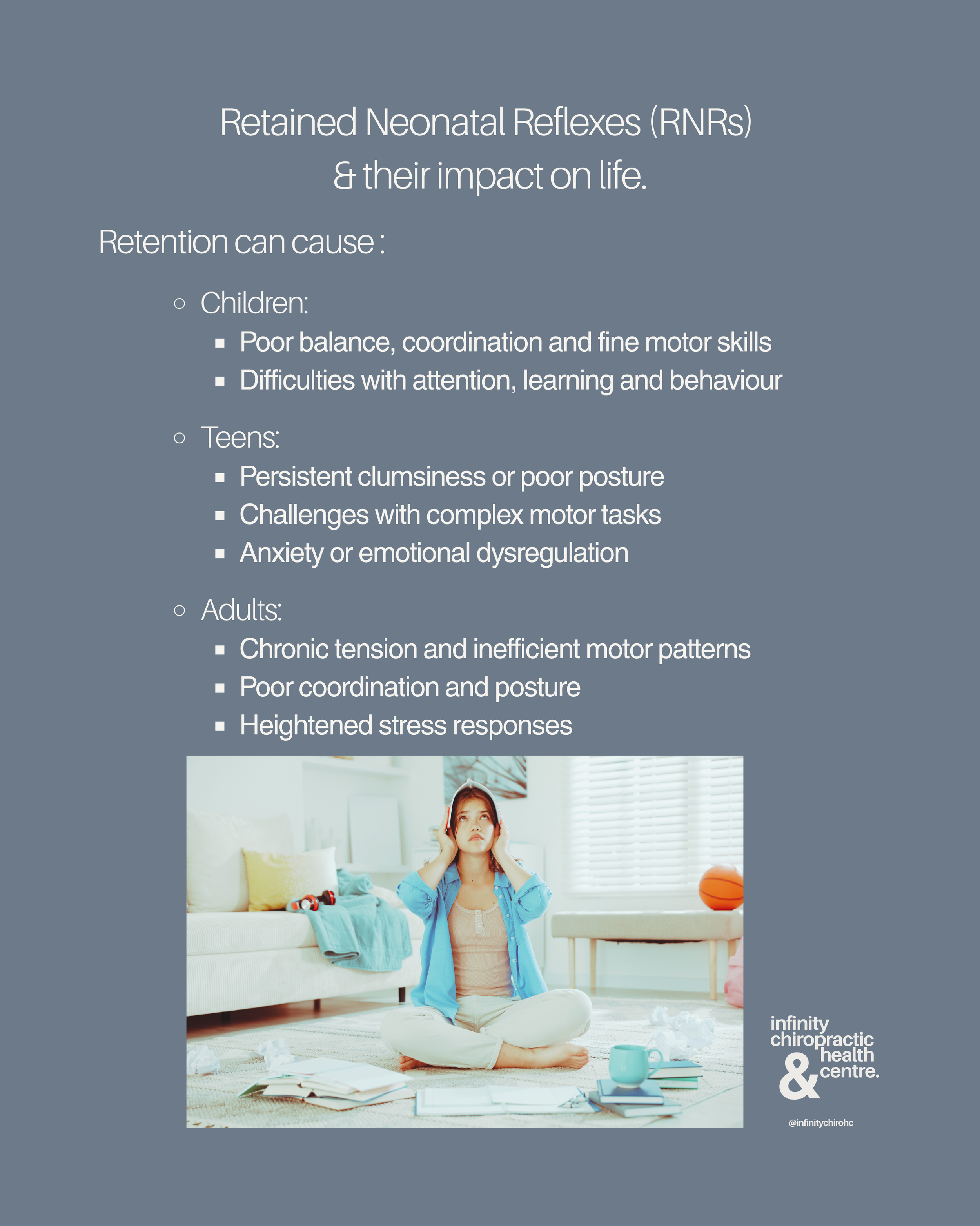 An informational poster about retained neonatal reflexes (RNRs) and their impact on life, featuring a woman sitting on the floor of a living room covering her ears, surrounded by books, a mug, and scattered papers.