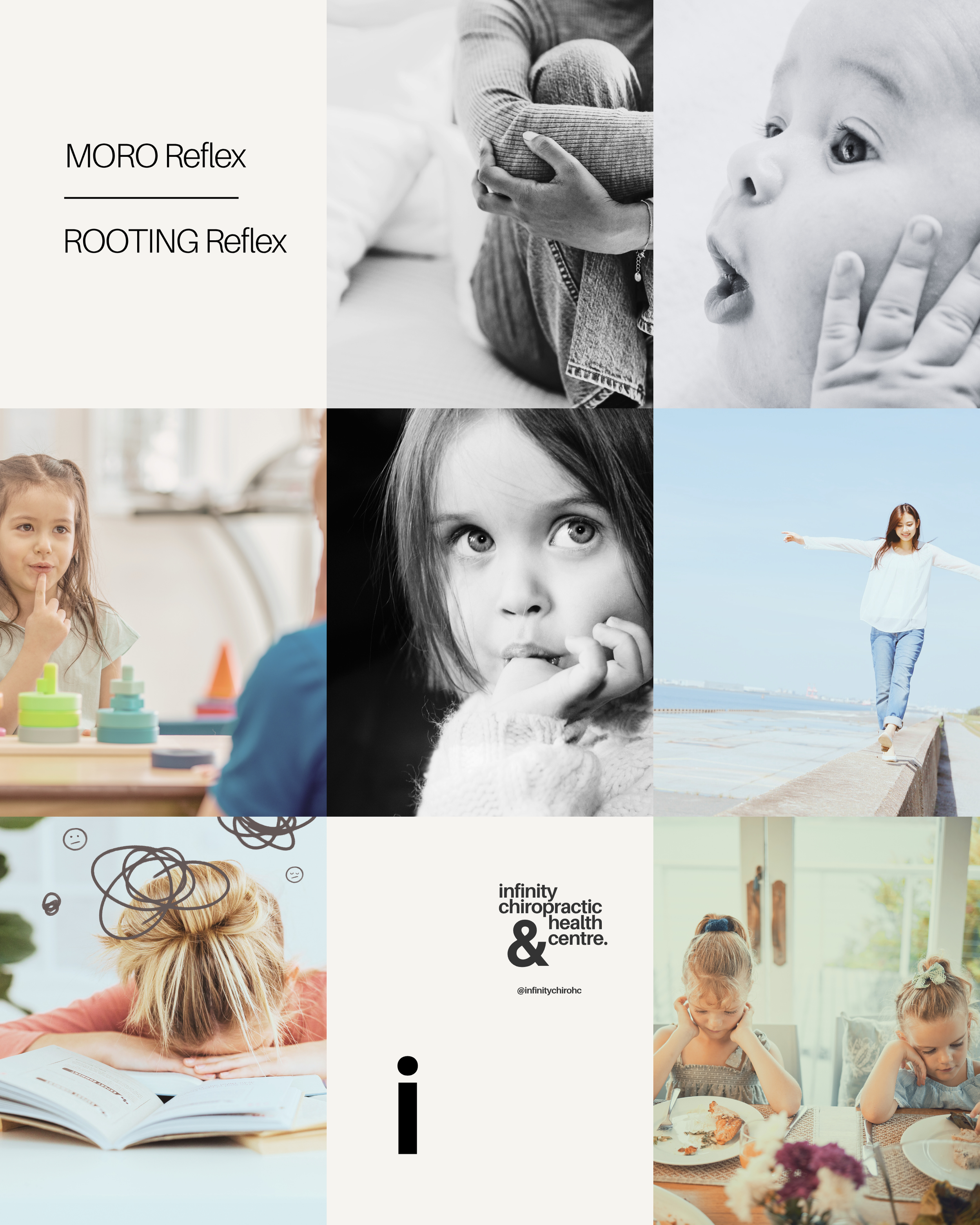 Collage of images depicting children and adults with messages about reflexes. Top right shows a person holding their knee, middle right shows a girl with a surprised expression, bottom left shows a woman resting her head on an open book, and bottom r